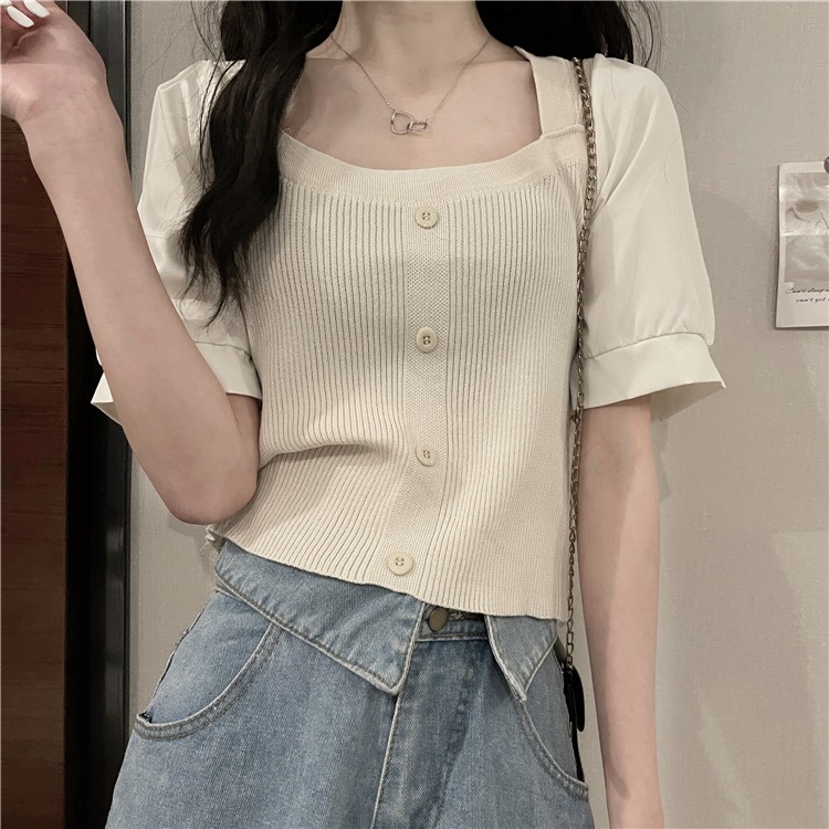 Áo thun ZHELIHANGFEI dệt kim tay phồng cổ vuông thời trang mùa hè dành cho nữ