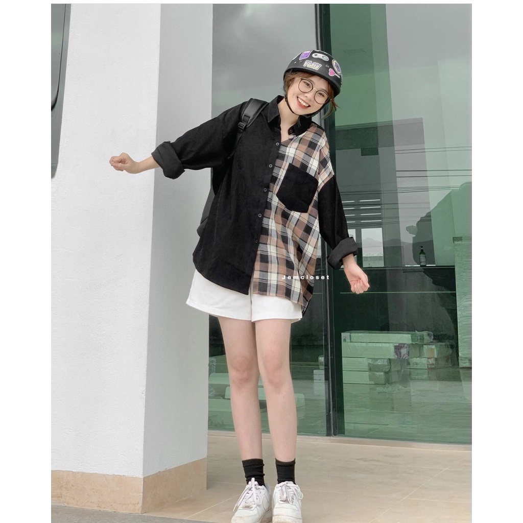 Áo sơ mi form rộng phối kẻ 2 màu cá tính thời trang unisex/ Áo sơ mi nam nữ dài tay mặc đi học, chống nắng_kudoshop