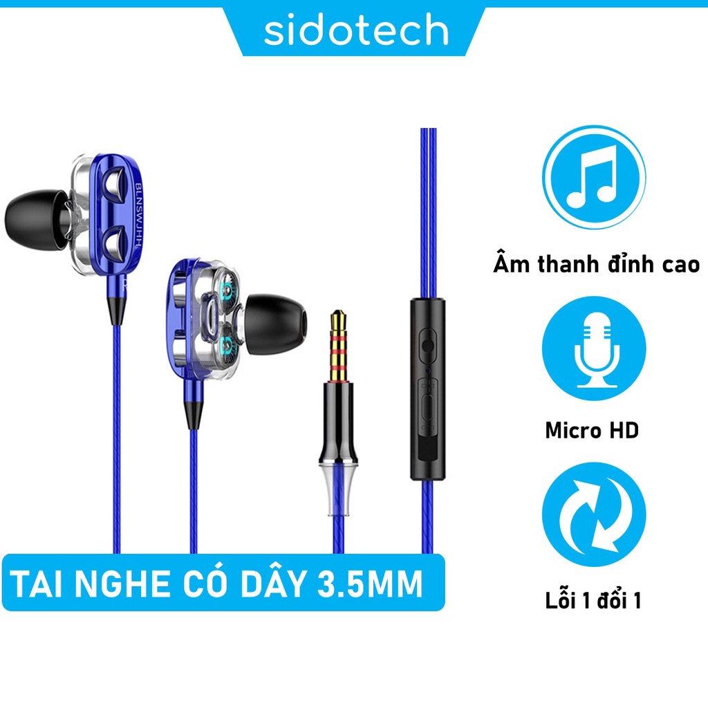 Tai nghe nhét tai có dây có mic giá rẻ SIDOTECH SD9 âm bass kép nghe nhạc EDM Remix chơi gaming esport jack 3.5mm