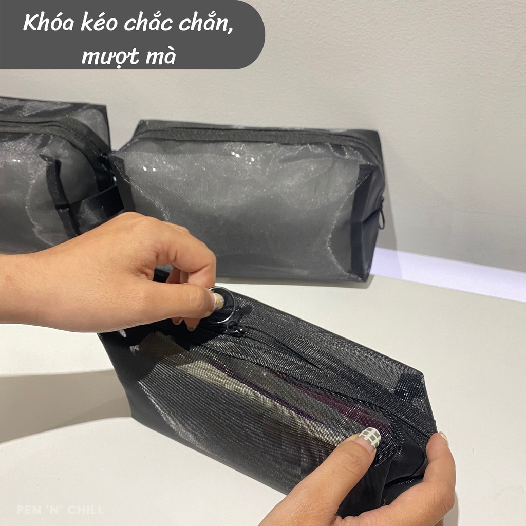 Túi lưới đen đựng bút, mỹ phẩm có khóa kéo nhiều kích thước