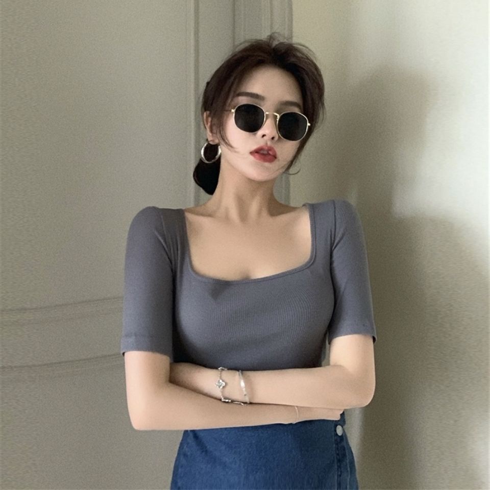 Áo Thun Dệt Kim Cổ Vuông Tay Ngắn Hở Vai Màu Trơn Thời Trang Dành Cho Nữ