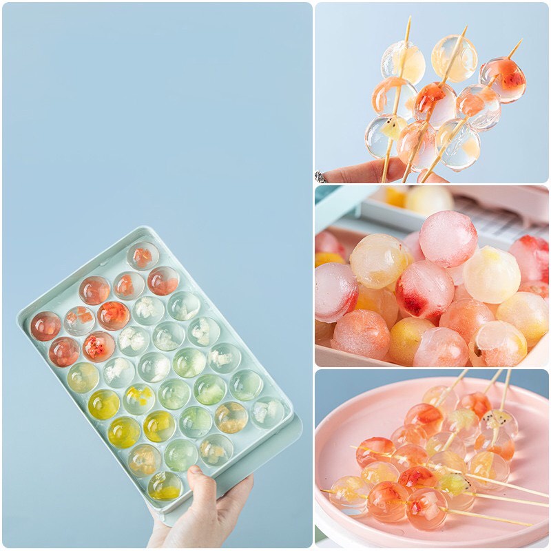 Khay làm đá tròn / Khay Làm Đá Thạch Bi Nhựa Tròn Làm Hoa Quả Trái Cây Khuôn Đá Viên Tròn 33 Viên