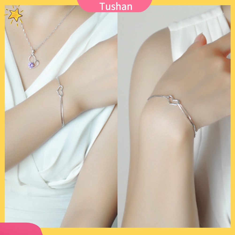 TUSH_Fashion Women Double Layer Chain Hollow Heart Charm Bracelet Bangle Jewelry