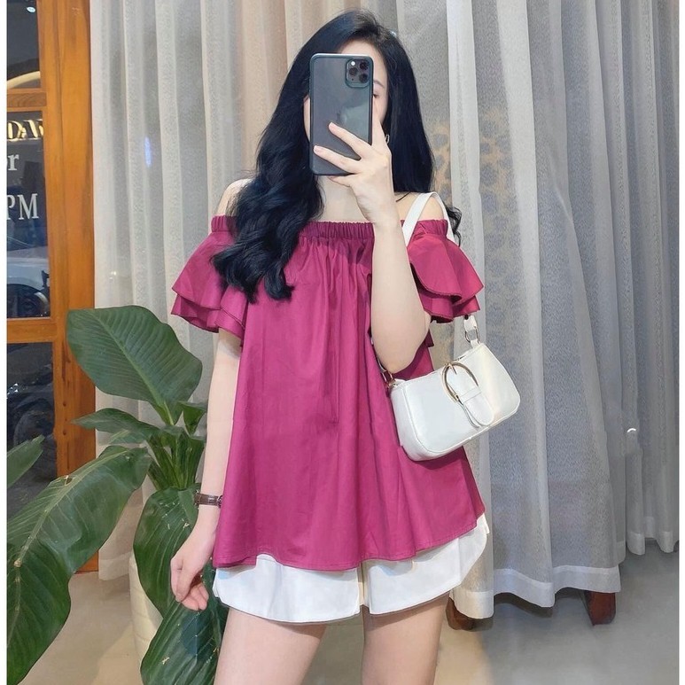 Áo Trễ Vai Bánh Bèo Babydoll Madela Cổ Vuông Thiết Kế Cao Cấp, Áo Babydoll Tay Bồng Trễ Vai Chất Lụa Mịn Siêu Nhẹ