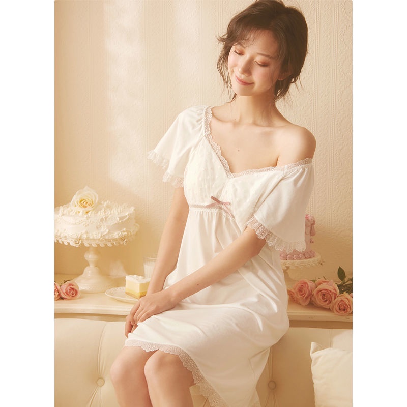 Đầm ngủ công chúa tay ngắn phối ren có đệm ngực thời trang mùa hè cho nữ