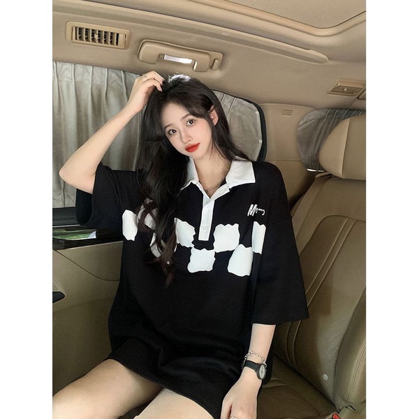 Jiashucheng Áo Thun Nữ Tay Ngắn Dáng Dài Rộng Họa Tiết Caro Màu Sắc Tương Phản Thời Trang Mùa Hè