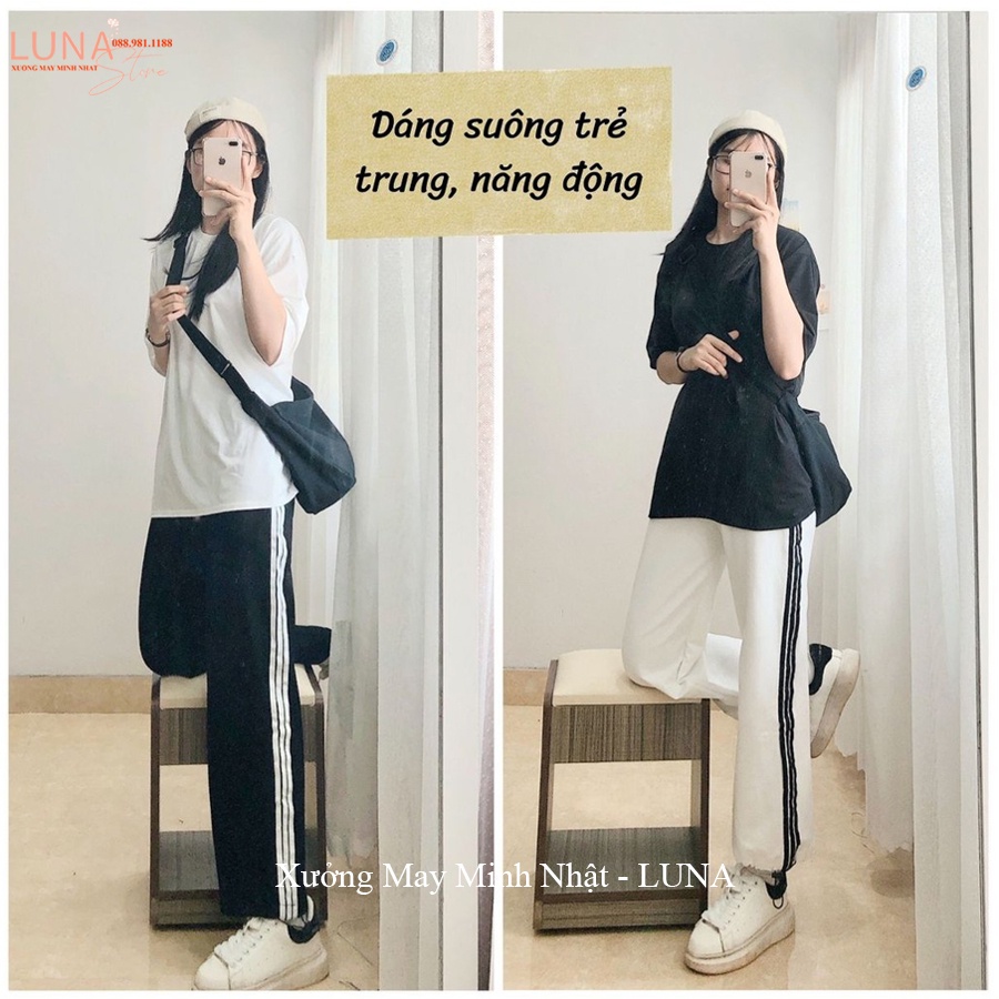 Quần thể thao ống rộng nữ dài có dây rút gấu viền kẻ 3 sọc trắng vải Umi co dãn - Quần jogger ống rộng nữ đi học thể dục