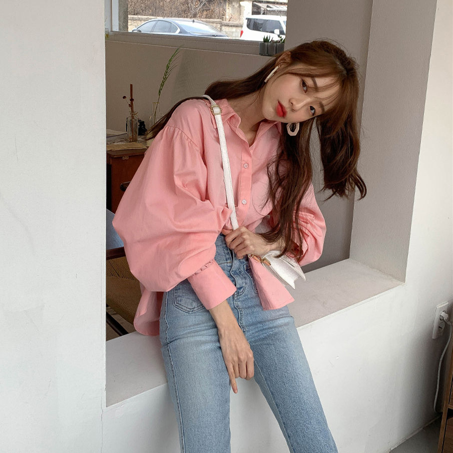 Áo Kiểu Nữ Blouses Women New Korean loose lantern sleeve long sleeve student college style pink