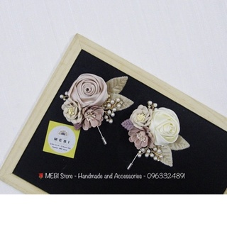 (ảnh thật %) Hoa cài áo handmade mẫu hồng cuộn mix 2 hoa dạ và cành trai siêu xinh