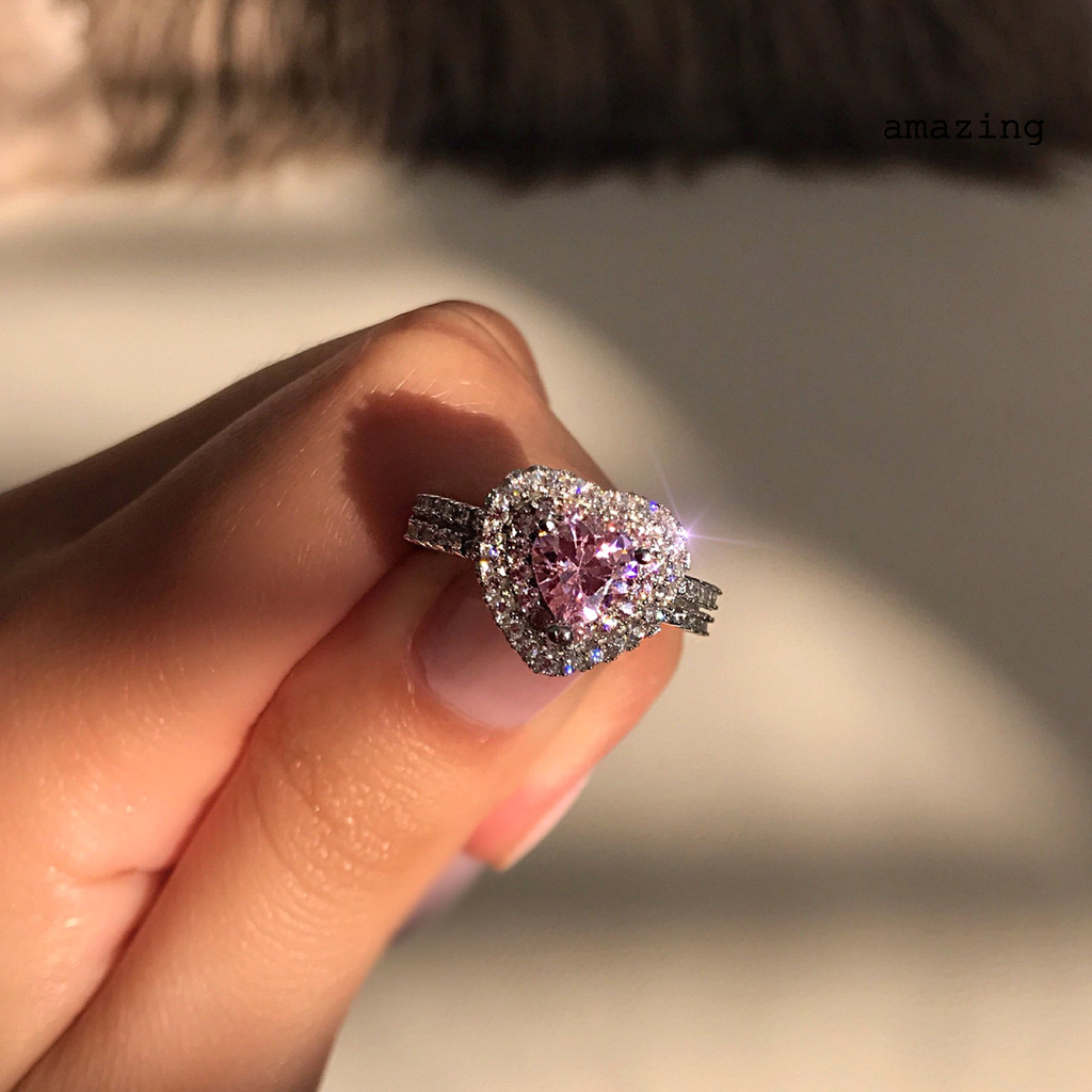 [AM] Pink Heart-shaped Rhinestone Ring Platinum Plated  Women Jewelry Accessories