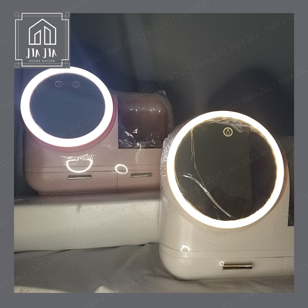 [Sẵn Hồng] Tủ mỹ phẩm tích hợp gương + đèn LED + quạt hỗ trợ trang điểm, Skin care - Hộp đựng mỹ phẩm đa năng