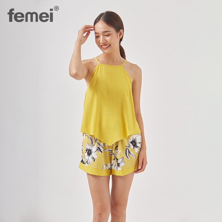 FEMEI - Đồ ngủ nữ Áo Yếm 2 dây quần ngắn Lụa tơ Hoa Vàng FM026