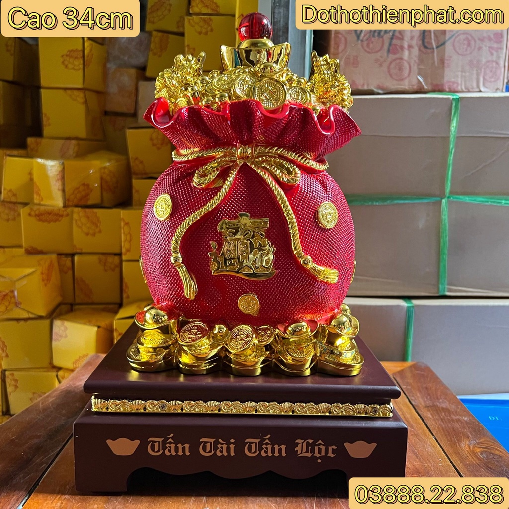 Túi vàng Kim Bảo Tài Lộc phong thủy cao 34cm màu đỏ loại 1 chữ Việt rất đẹp