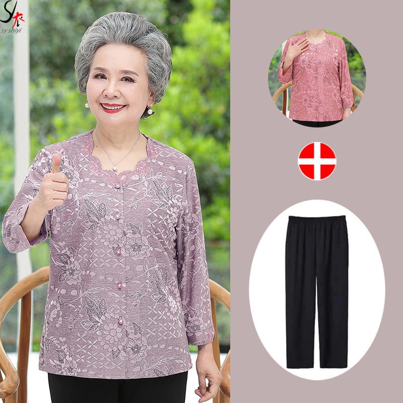 ☸✉Quần áo mùa xuân và hè cho người trung niên cao tuổi 50-80 ba phần tư tay rộng cộng với kích thước của bà ngoại