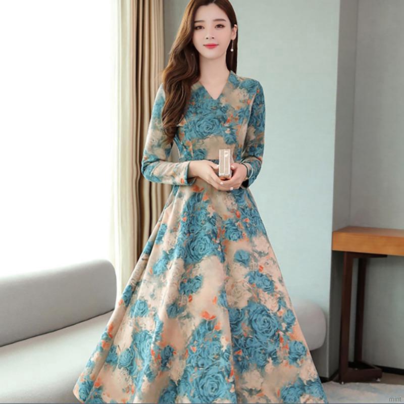 【12.12】Đầm nữ dài tay cổ chữ V in hoa thời trang Vintage