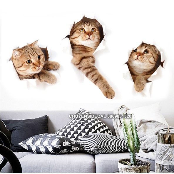 Decal trang trí tường - 3 Con Mèo 3D siêu phá