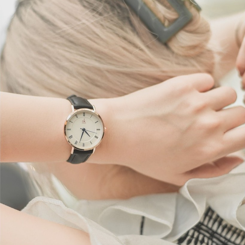 Đồng hồ cặp nam nữ dây da đen SHENGKE mặt la mã kim xanh đồng hồ đôi chính hãng đẹp Watchesbytif size 28mm &amp; size 40mm