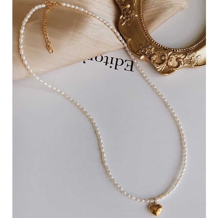 Dây chuyền hạt ngọc phối trái tim xinh xắn titan không gỉ