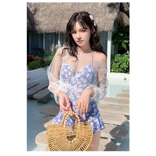 Hàng order - Bikini 1 mảnh hoa cúc kèm áo khoác voan trắng dễ thương