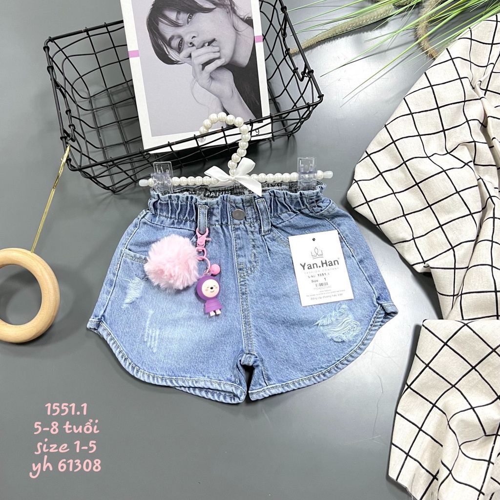 SHORT JEAN 2 NÚT KÈM KITTY BÔNG CHO BÉ GÁI