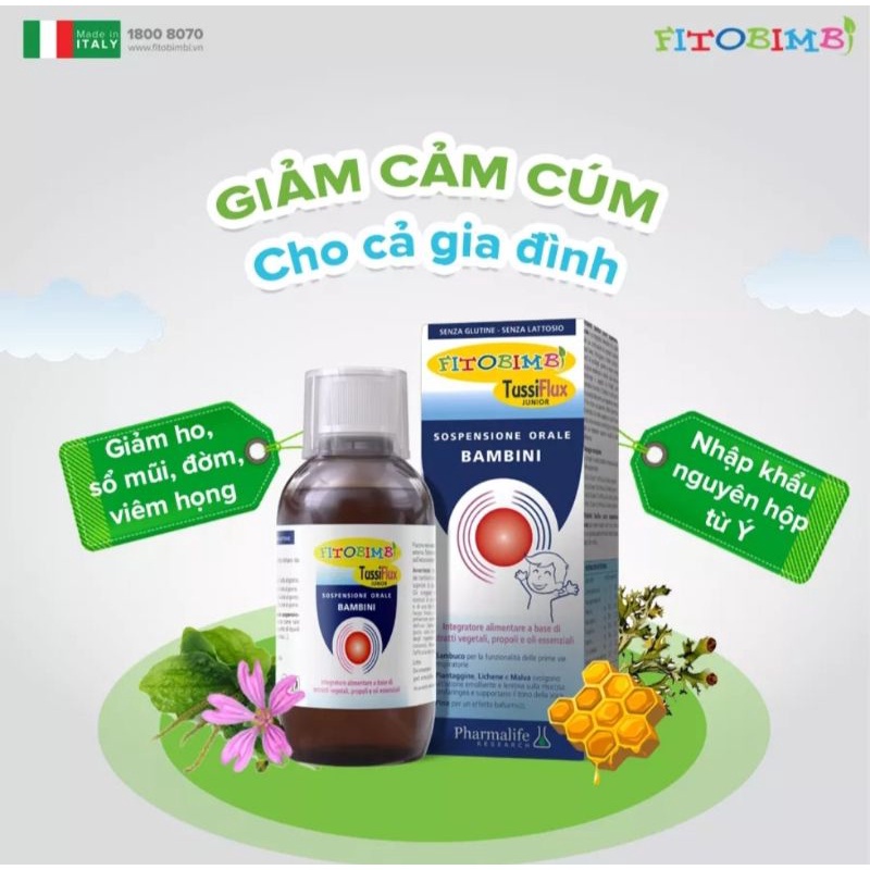 Siro Ho Cho Bé Fitobimbi Tussiflux Junior Giúp Giảm Ho Khan, Ho Đờm Và Đau Rát Họng Cho Trẻ