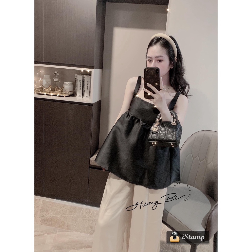 Set áo 2 dây lụa mix quần suông thụng ống rộng be BN380 0322