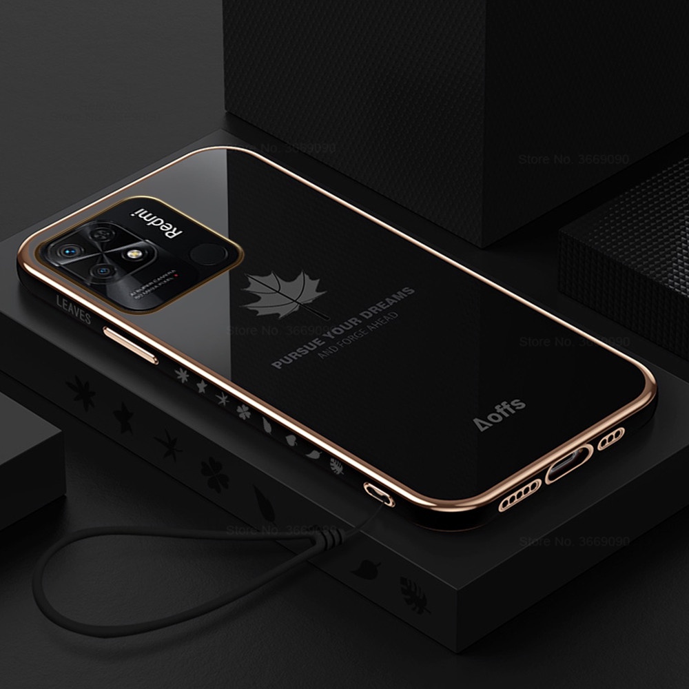 Ốp Điện Thoại Silicon Mạ Hình Lá Phong Kèm Dây Đeo Cho Xiaomi Redmi 10C 10 10A 9C 9A Note 11 Pro 11S 10S