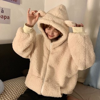 Áo khoác len cừu phối tai gấu xinh xắn theo phong cách mùa đông