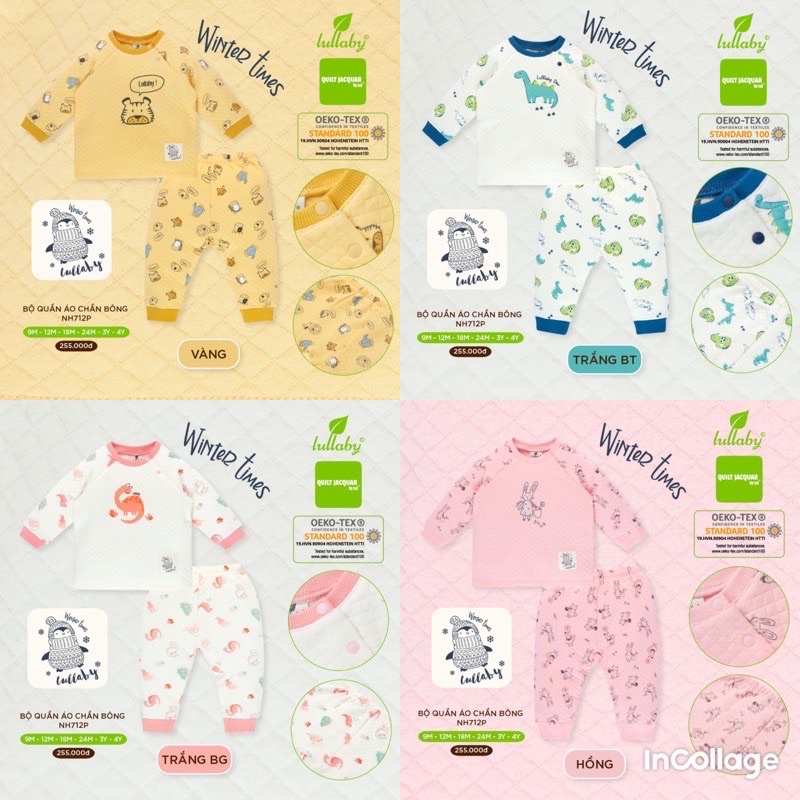 (Hà nam/Lullaby)Bộ nỉ trần bông Lullaby (4 màu) mẫu mới size 6-9m tới 4y