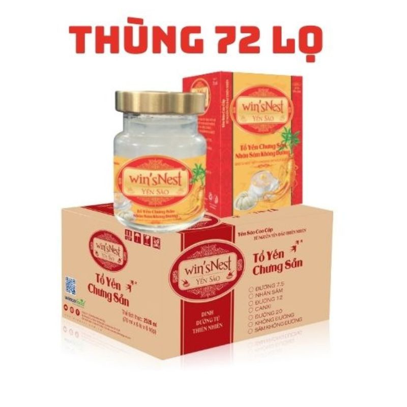 THÙNG 72 LỌ YẾN SÀO WIN'SNEST TỔ YẾN CHƯNG SẴN NHÂN SÂM KHÔNG ĐƯỜNG (70ML/LỌ)