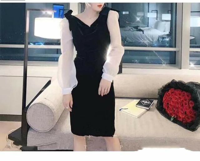 Đầm body cổ đổ kết chuỗi hạt sau lưng