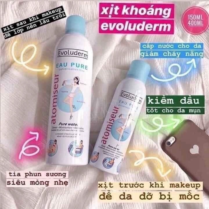 Xịt Khoáng Pháp EVOLUDERM Atomiseur Eau Pure Dưỡng Da, Cấp Ẩm 150ml chính hãng