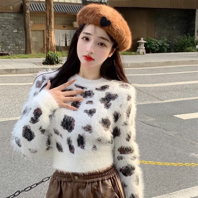 ZHELIHANGFEI Áo Sweater Dệt Kim Tay Dài Lưng Cao In Họa Tiết Da Báo Cá Tính