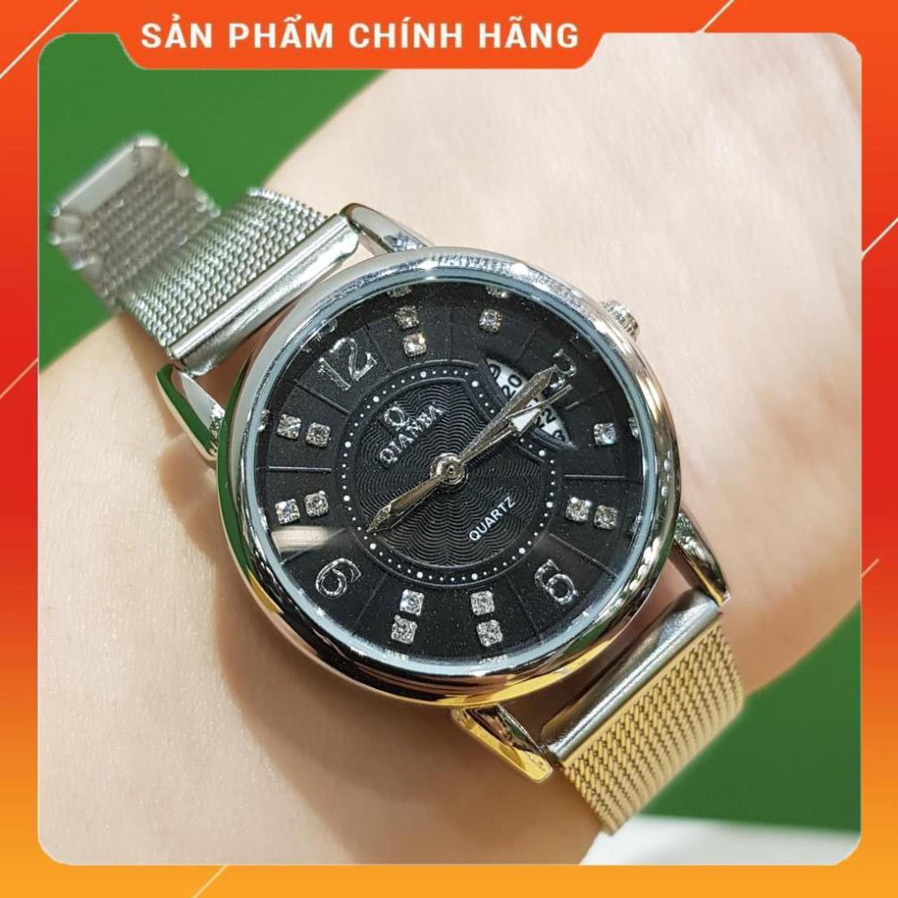 Hot!!! Đồng hồ nữ QB dây lụa kim loại màu bạc mặt đen có lịch chống nước cao cấp Tony Watch 68 giá re