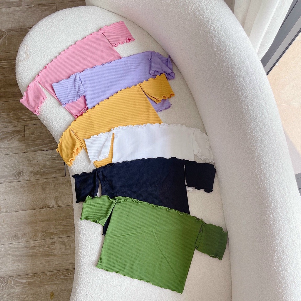 Áo kiểu thun gân trễ vai viền biên cực xinh hot hit