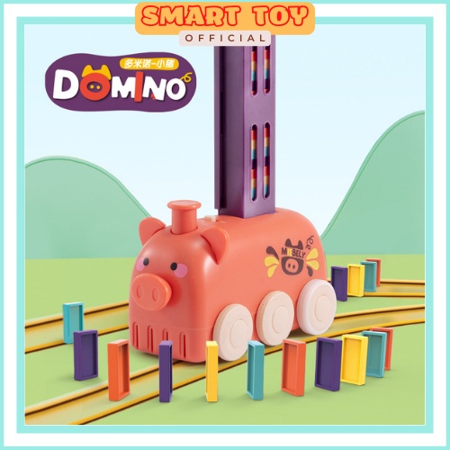 Đồ chơi xe xếp hình Domino tự động, xe con vật thả Domino chạy pin, phát nhạc, sáng đèn cho bé