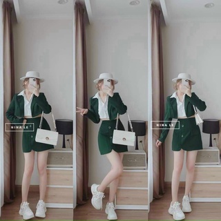 Sét bộ ba món áo khoác vest sơ mi kèm nơ và chân váy thiết kế sang trọng siêu xinh