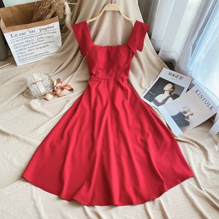 Đầm dự tiệc sang chảnh màu đỏ cổ đắp vai (kèm hình thật)
