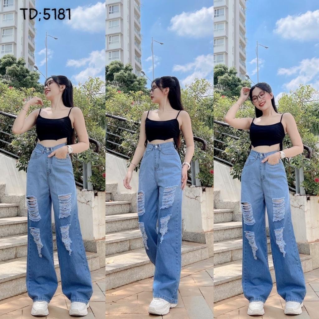 Quần Jean nữ ống suông cạp cao loang màu rách gối, chất bò dày dặn, không nhăn, không xù khi giặt MT5181 | BigBuy360 - bigbuy360.vn