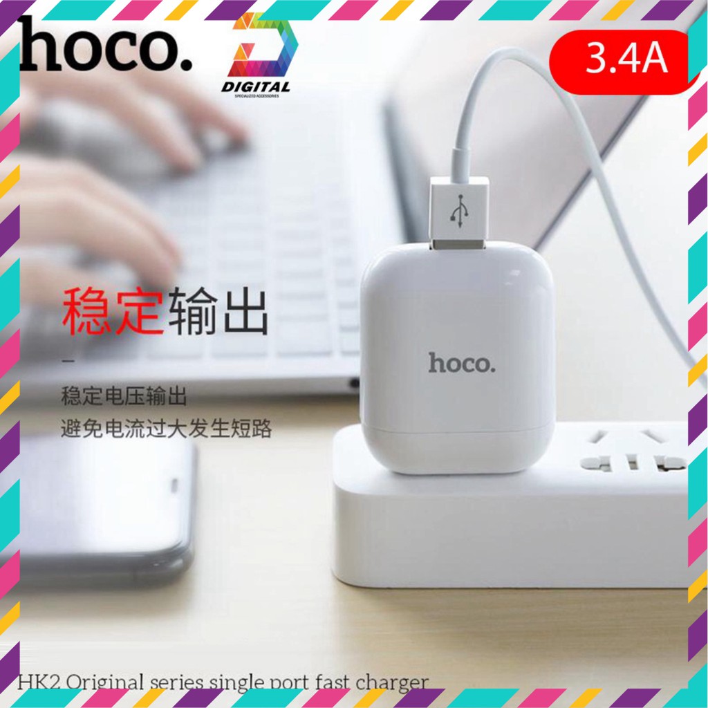 Cốc sạc Hoco HK2 chính hãng hỗ trợ dòng 3.4A chân sạc dẹt tiêu chuẩn Việt Nam