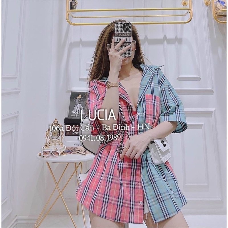 Áo sơ mi caro 2 màu phối form rộng dàu dấu quần - A7U