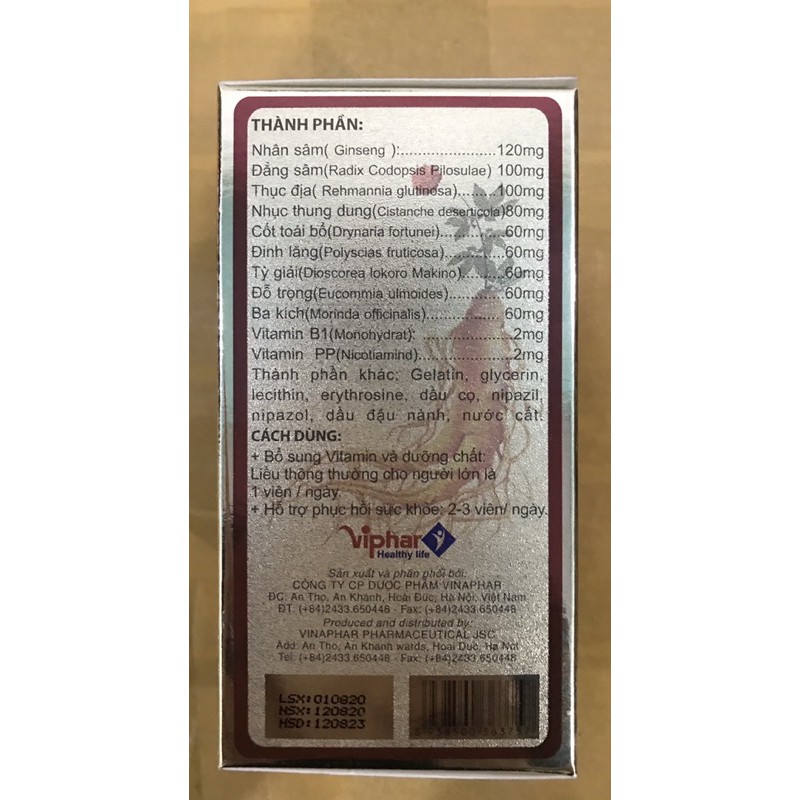 HOMTAMIN GINSENG Vinaphar -Hộp 60 Viên - Bồi Bổ Sức Khỏe Với Vitamin Và Khoáng Chất Từ Nhân Sâm