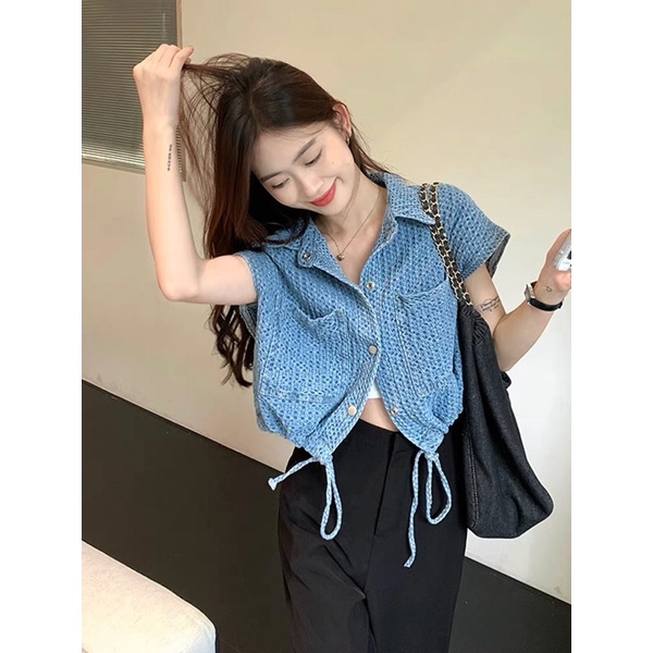 Áo jeans croptop dây rút