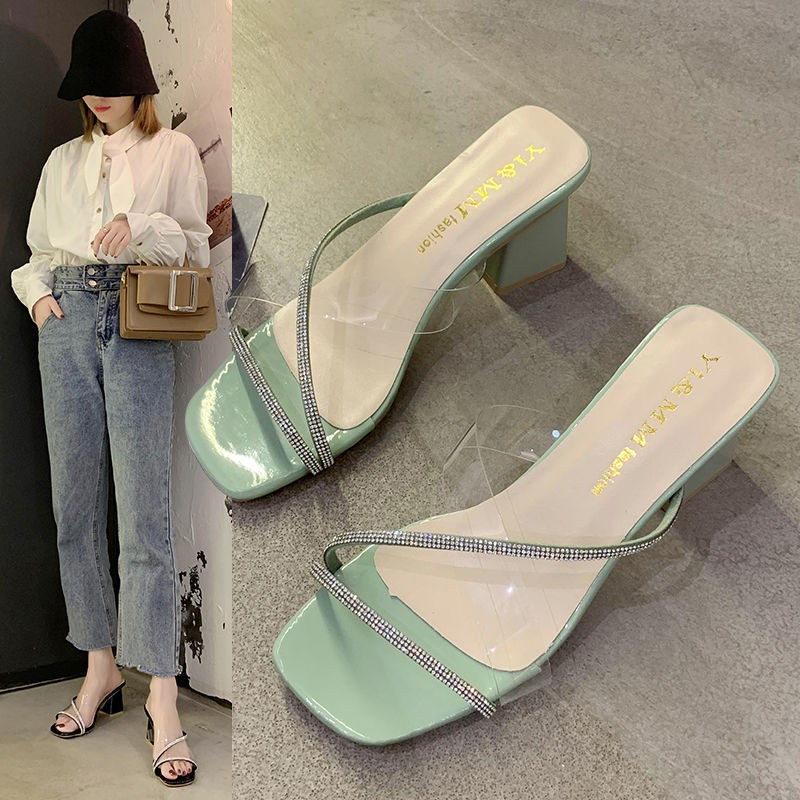 Giàygiày nữ caodép cao từgiày 7cmgiày caoGiàyDép Nữ Guốc/Dép nữgiày sandal 7cmdép đế caodép gótdép thời trang ▲☢✟women s thick heel sandals 2021 new summer high-heeled and slippers outer wear square-toe flip flops Korean version of all-matc