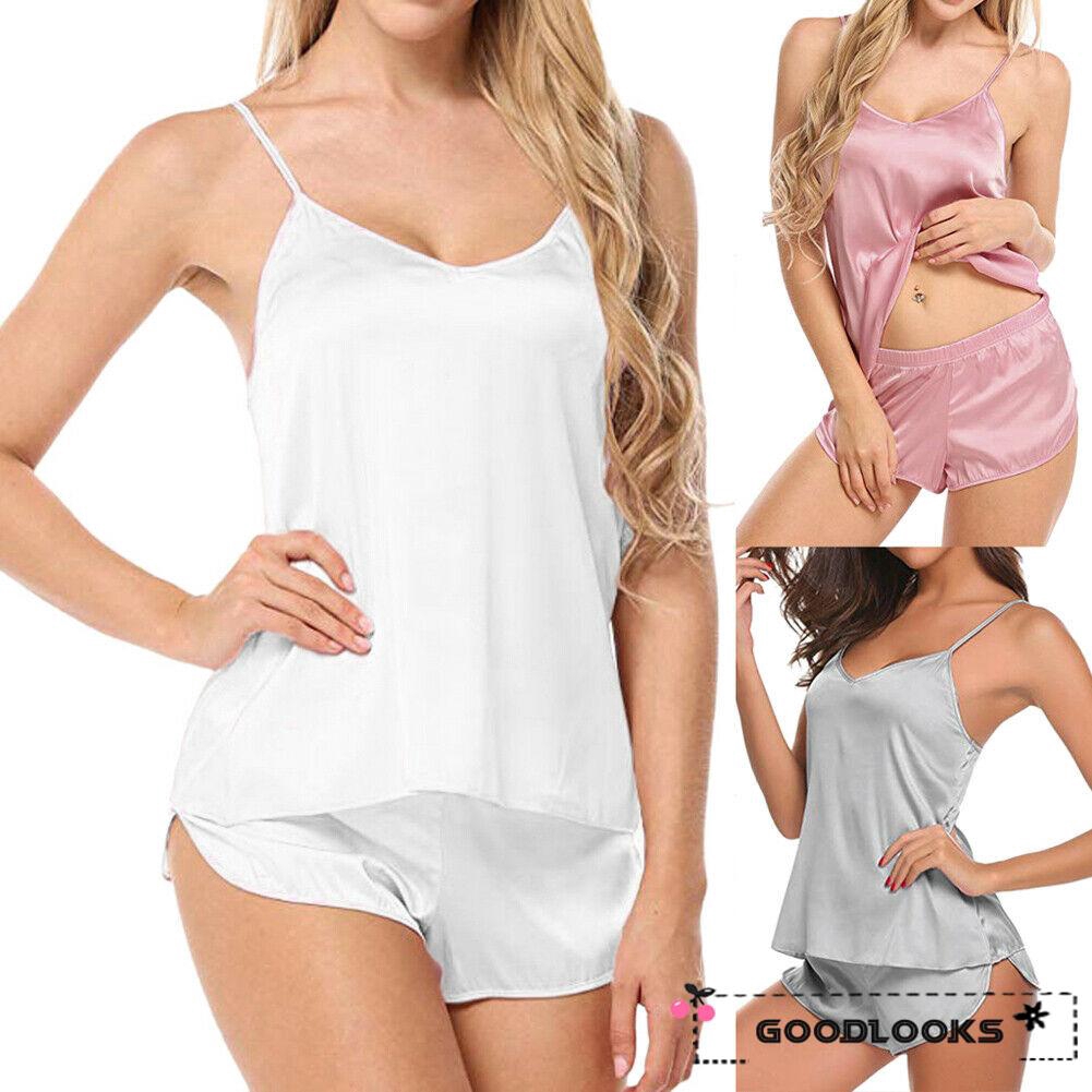 Bộ Đồ Ngủ Lụa Satin Không Tay Cổ Chữ V Gợi Cảm Cho Nữ
