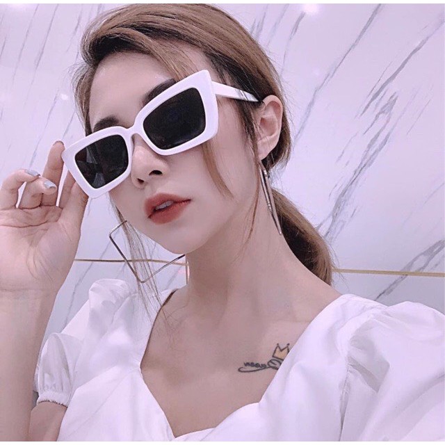 Mắt Kính Mát Nữ Gọng Trắng Kính Mắt Mèo Vuông Hot Trend 2020 FullBox Hộp Da Khăn Lau