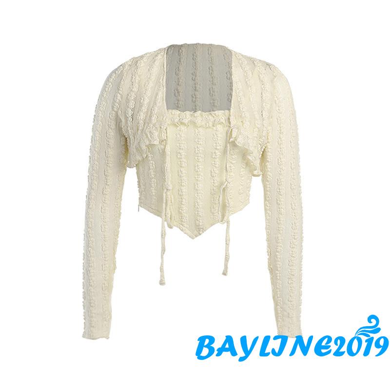 Set Đồ 2 Món Gồm Áo Hai Dây Crop Top Tay Dài Và Áo Khoác Cardigan Màu Trơn Họa Tiết Dập Nổi Dành Cho Nữ
