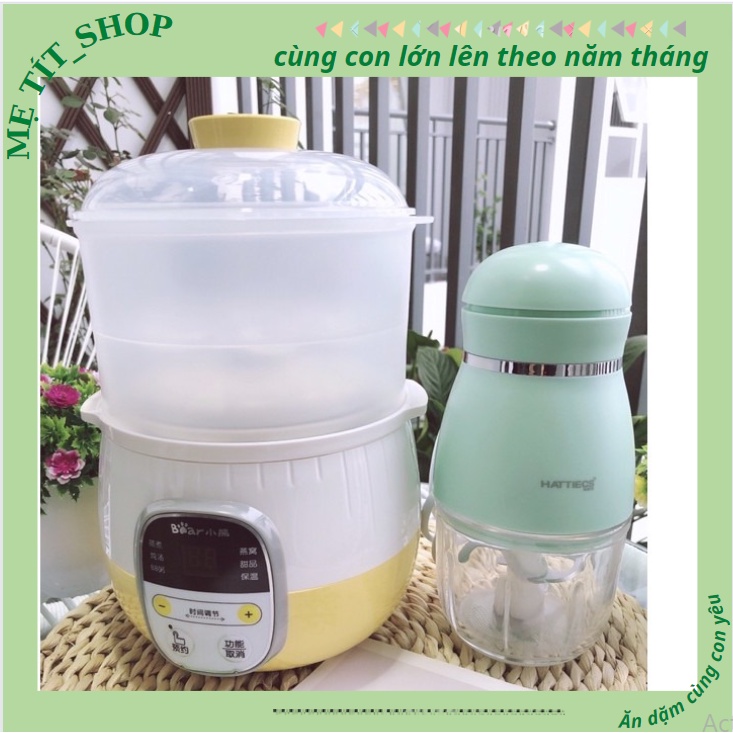 Combo nồi nấu cháo chậm BEAR 0.8l, máy xay ăn dặm cho bé