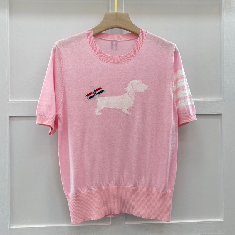 Áo len mỏng tay ngắn dáng rộng in hình con chó thương hiệu Thom Browne cao cấp