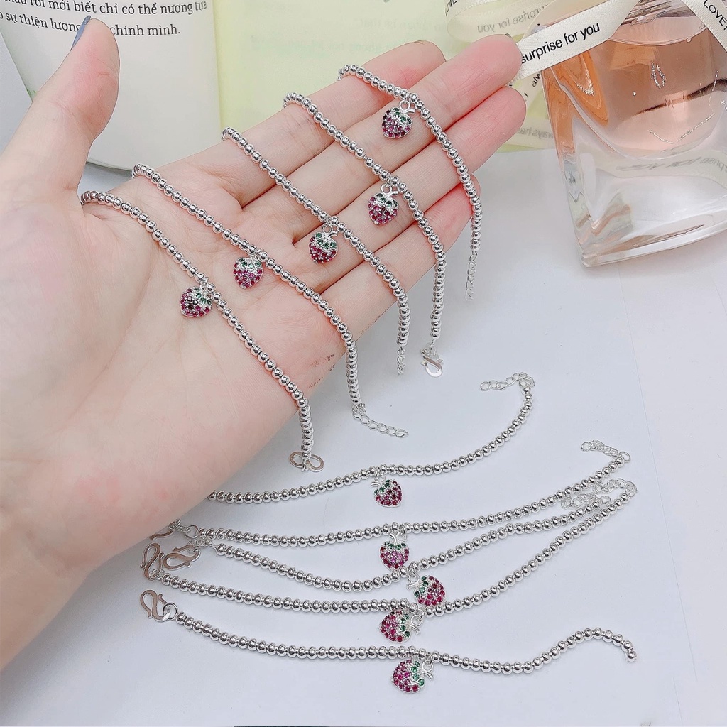 Lắc bạc cho bé đeo tay PANSY dạng chuỗi bi gắn hình quả dâu tây dễ thương - Vòng tay bạc đẹp cho bé gái